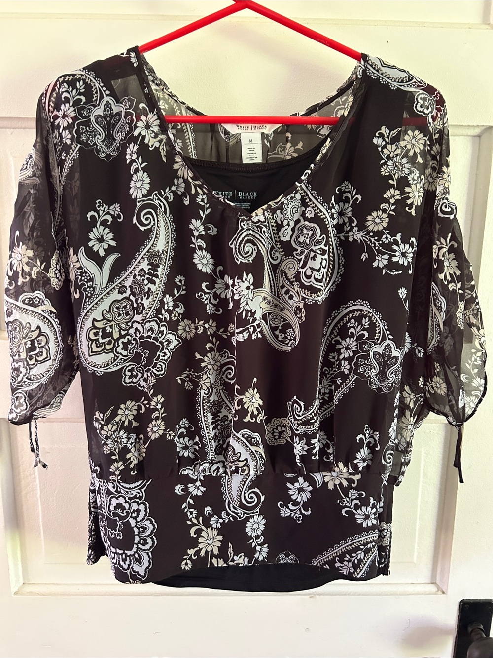 White House Black Market Paisley Print Sheer Sleeve Women's Top